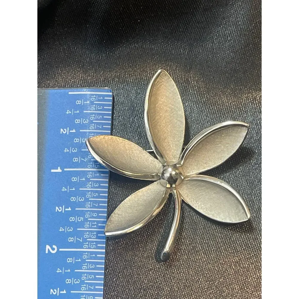 Vintage Crown Trifari Brushed Silver Flower Brooch Mid Century
